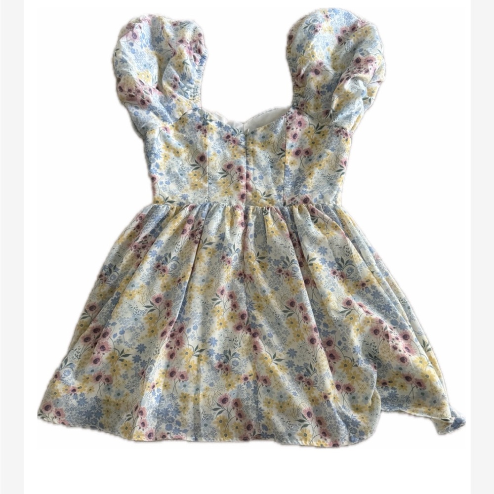 Altar'd State Floral Puff-Sleeve Mini Dress in Yellow, Blue & Pink cottagecore